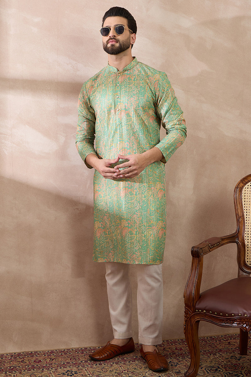Green Silk Blend Printed Mandarin Collar Straight Kurta MKU2113