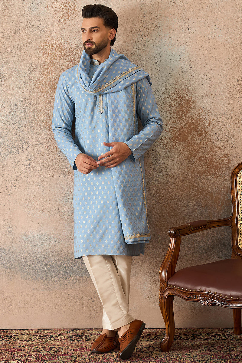 Blue Jacquard Woven Design Floral Straight Kurta with Dupatta MKUD1019