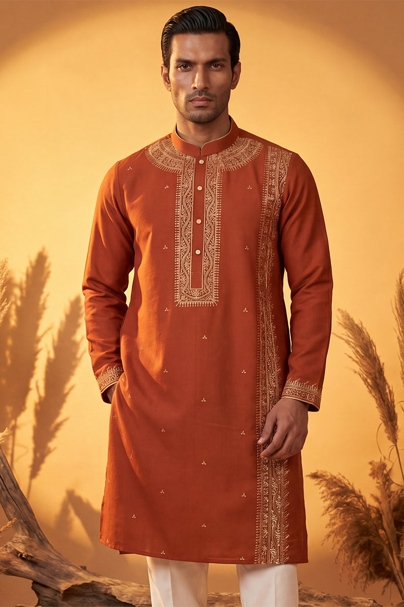 Orange Silk Blend Solid Emboidered Straight Kurta MKU2371