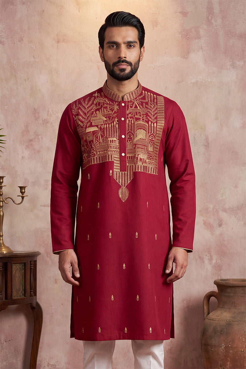 Red Silk Blend Solid Emboidered Straight Kurta With Trouser MKSET2375