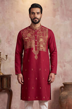 Red Silk Blend Solid Emboidered Straight Kurta With Trouser MKSET2375