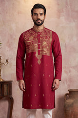 Red Silk Blend Solid Emboidered Straight Kurta With Trouser MKSET2375