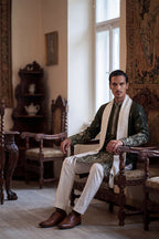 Olive Chanderi Silk Solid Embroidered Straight Kurta Trouser with Dupatta MKPD1319