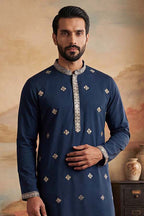 Silk Blend Blue Solid Embroidered Calf Length Straight Kurta With Trousers MKSET2099