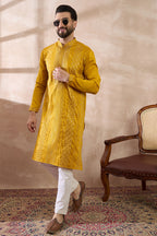 Mustard Silk Blend Embroidered Mandarin Collar Straight Kurta With Trouser MKSET1887