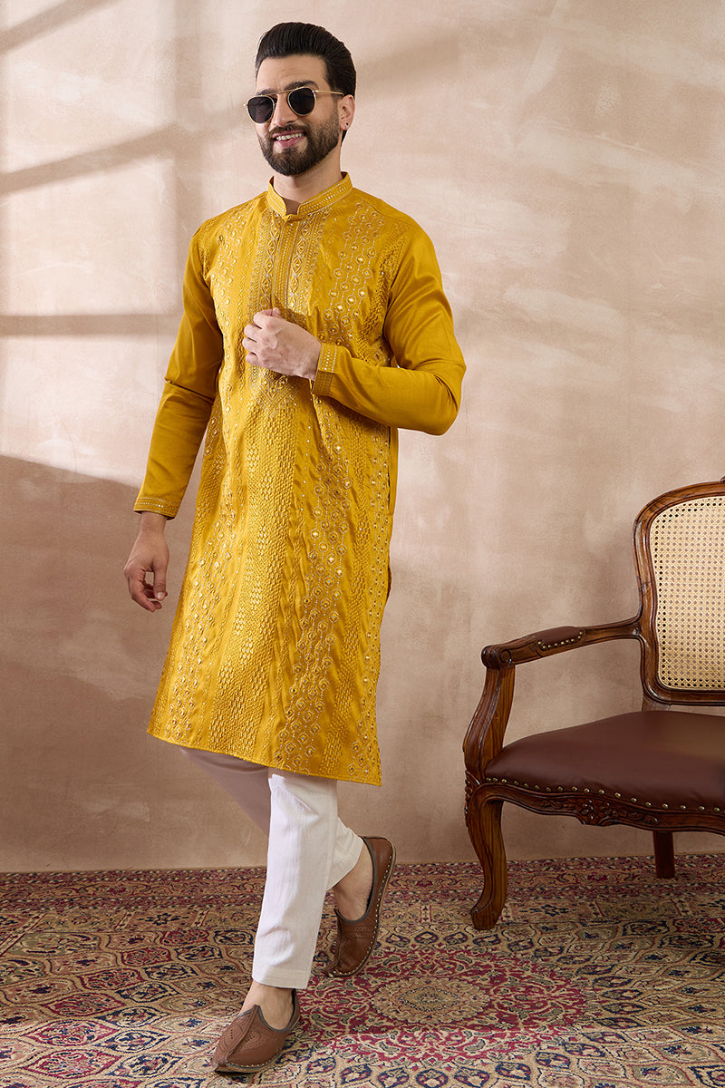 Mustard Silk Blend Embroidered Mandarin Collar Straight Kurta With Trouser MKSET1887