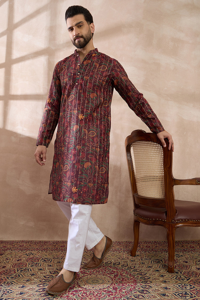 Maroon Silk Blend Printed Mandarin Collar Straight Kurta With Trouser MKSET2024