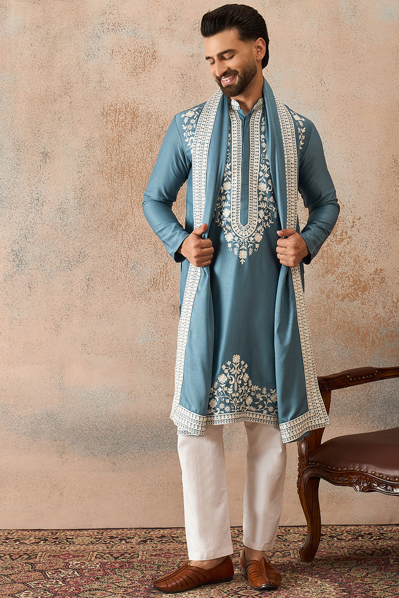 Blue Silk Blend Woven Design Floral Straight Kurta with Dupatta MKUD1039