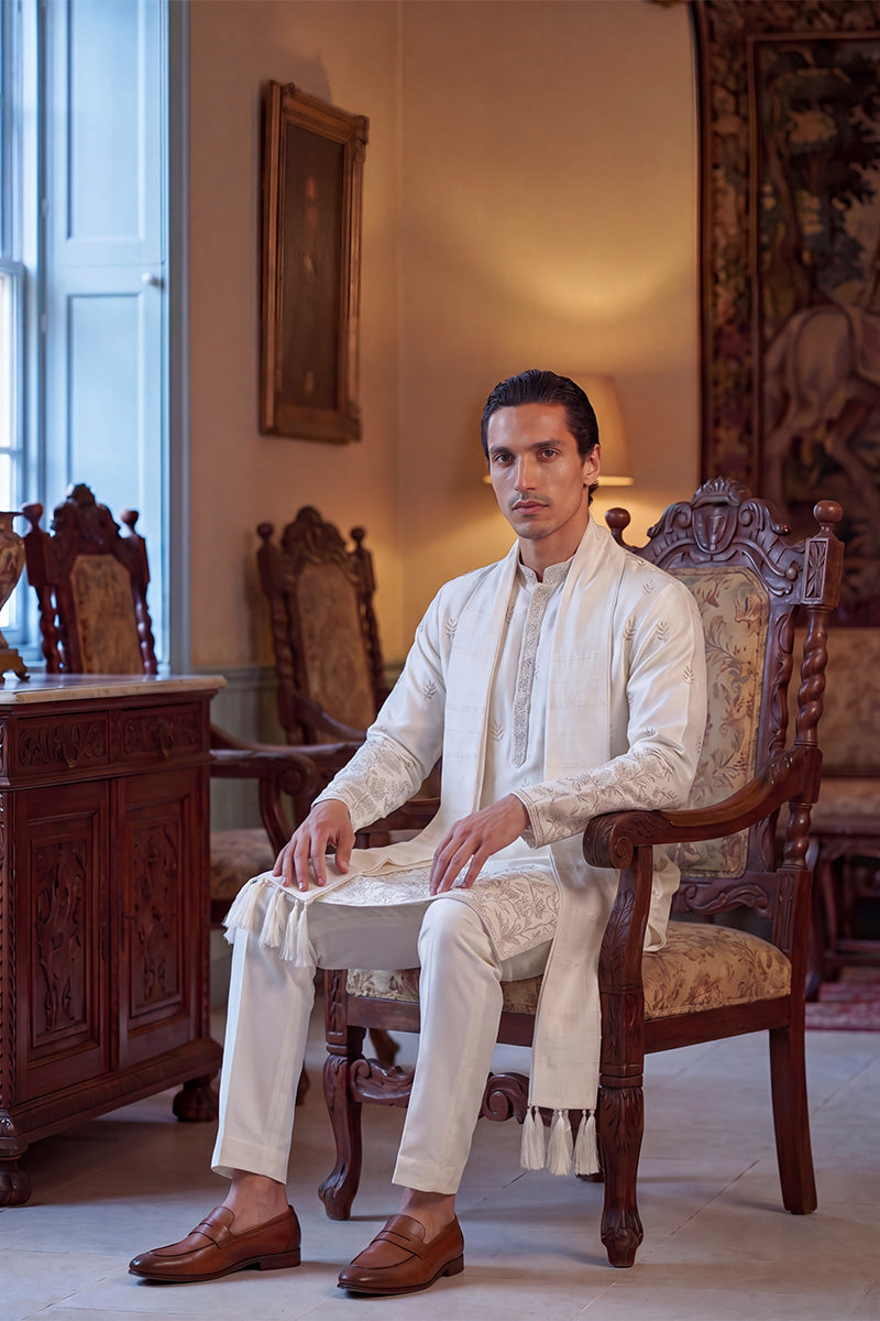 White Silk Blend Floral Embroidered Straight Kurta Trouser with Dupatta MKPD1784