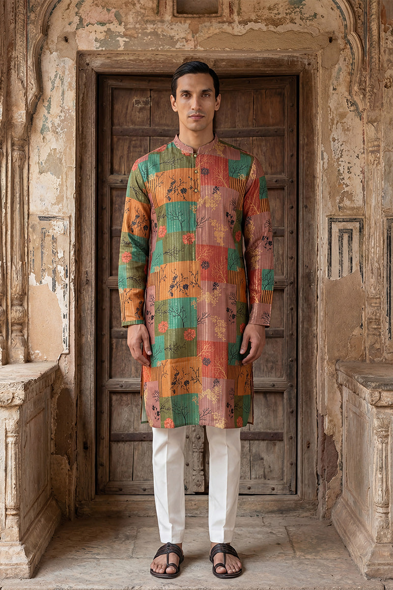 Multi Silk Blend Printed Straight Kurta With Trousers MKSET2077