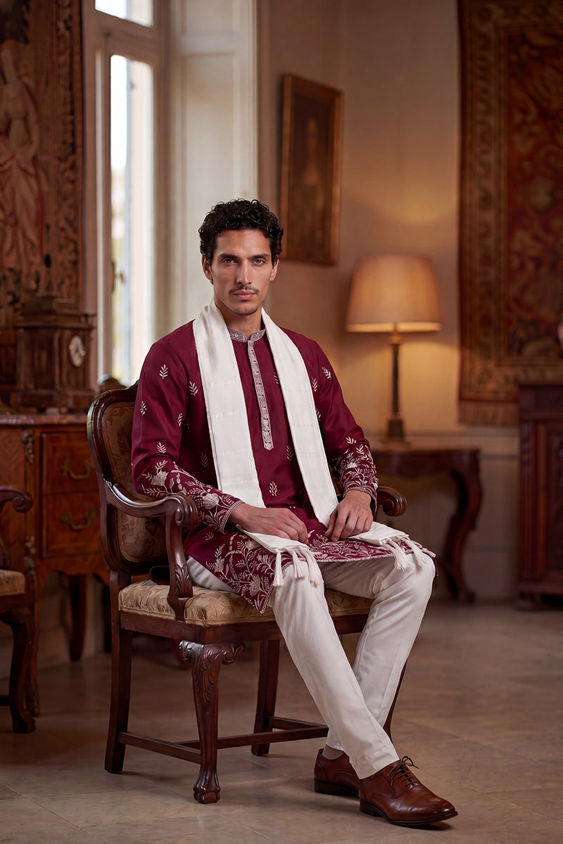 Maroon Silk Blend Solid Embroidered Straight Kurta with Dupatta MKUD1945