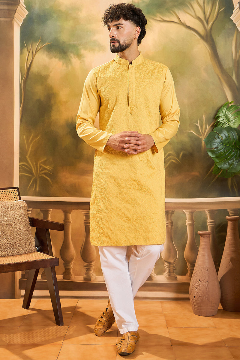 Yellow Silk Blend Solid Embroidered Straight Kurta MKU1498