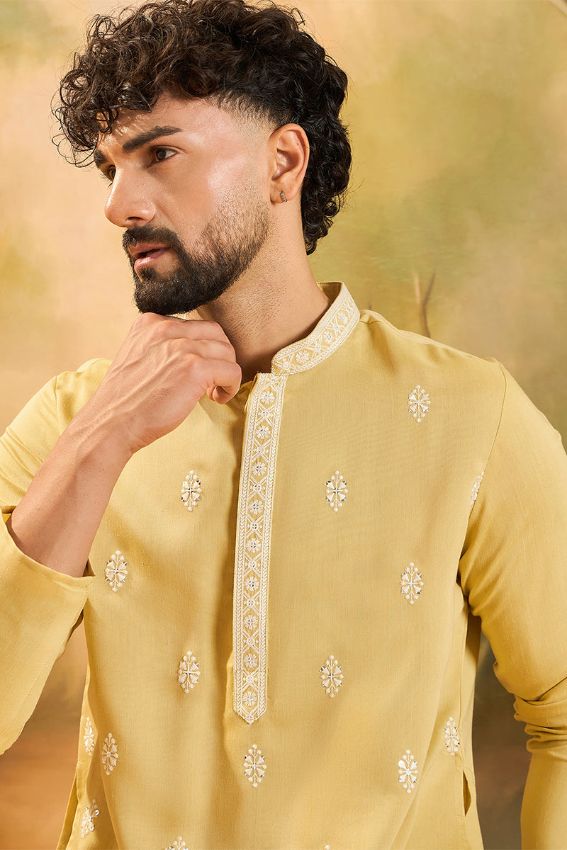 Yellow Silk Solid Embroidered Straight Kurta MKU1434