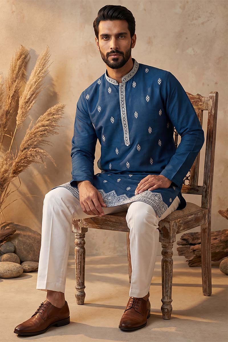 Silk Blend Blue Solid Embroidered Calf Length Straight Kurta With Trousers MKSET2274
