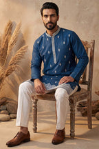 Silk Blend Blue Solid Embroidered Calf Length Straight Kurta With Trousers MKSET2274