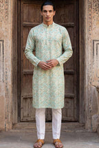 Green Cotton Blend Chevron Embroidered Kurta MKU2068