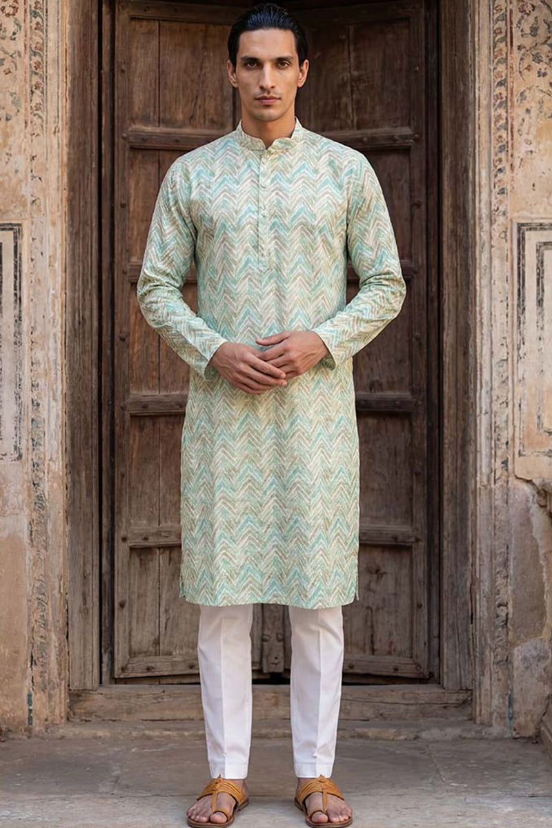 Green Cotton Blend Chevron Embroidered Kurta MKU2068