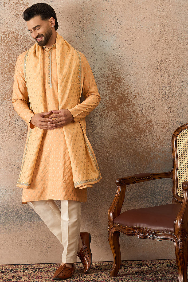 Peach Jacquard Woven Design Floral Straight Kurta with Dupatta MKUD1017