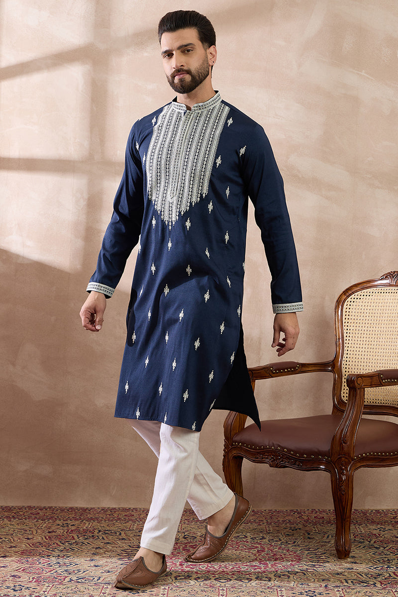 Navy Blue Silk Blend Embroidered Mandarin Collar Straight Kurta MKU1795