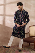 Blue Silk Blend Printed Mandarin Collar Straight Kurta MKU1987