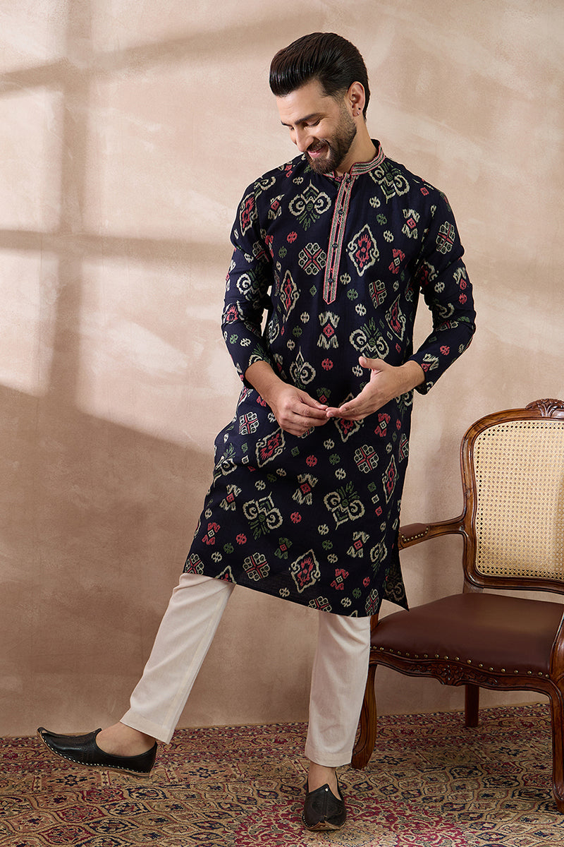 Blue Silk Blend Printed Mandarin Collar Straight Kurta MKU1987