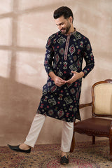 Blue Silk Blend Printed Mandarin Collar Straight Kurta MKU1987
