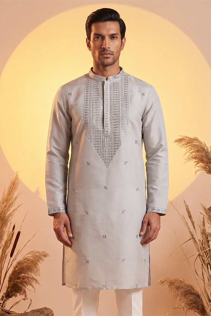 Grey Silk Blend Solid Emboidered Sequins Kurta MKU2280