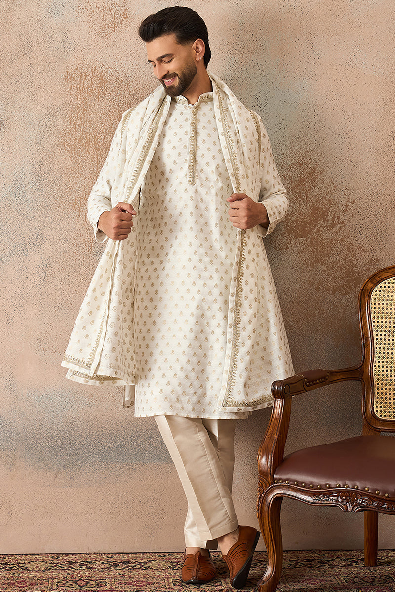 White Jacquard Woven Design Floral Straight Kurta with Dupatta MKUD1049