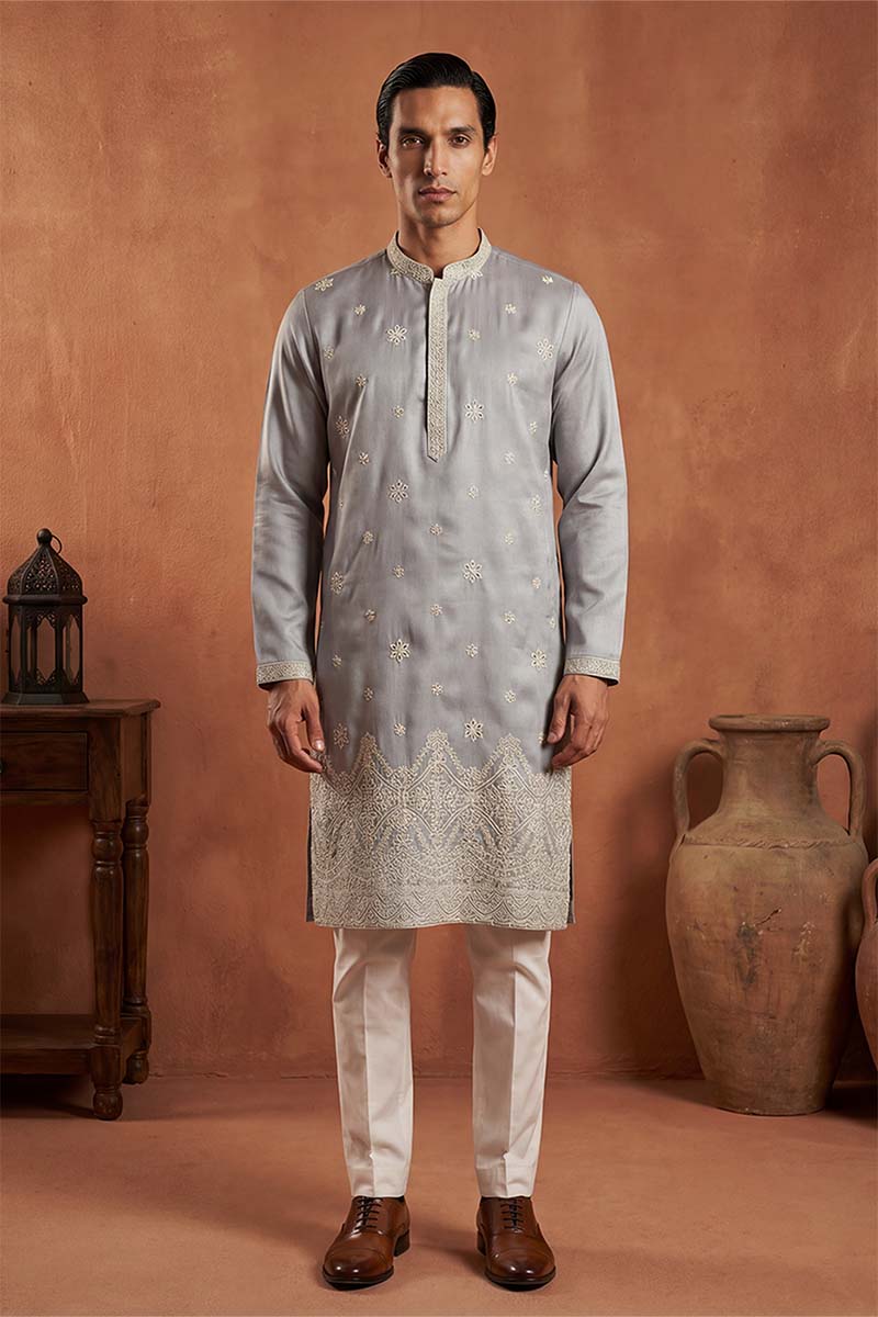 Blue Silk Blend Solid Embroidered Kurta With Trousers MKSET2175