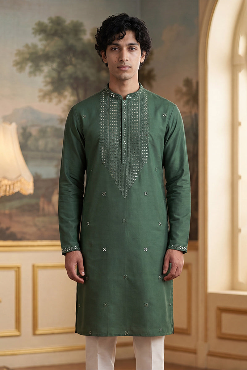 Green Silk Blend Solid Emboidered Sequins Kurta MKU2279