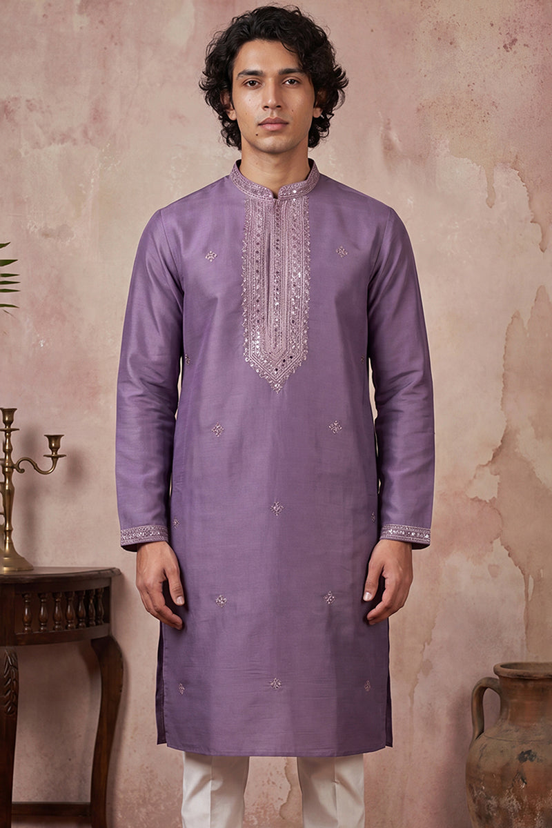 Lavender Silk Blend Solid Emboidered Sequins Kurta With Trouser MKSET2277