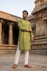 Green Silk Blend Printed Straight Kurta With Trousers MKSET1910