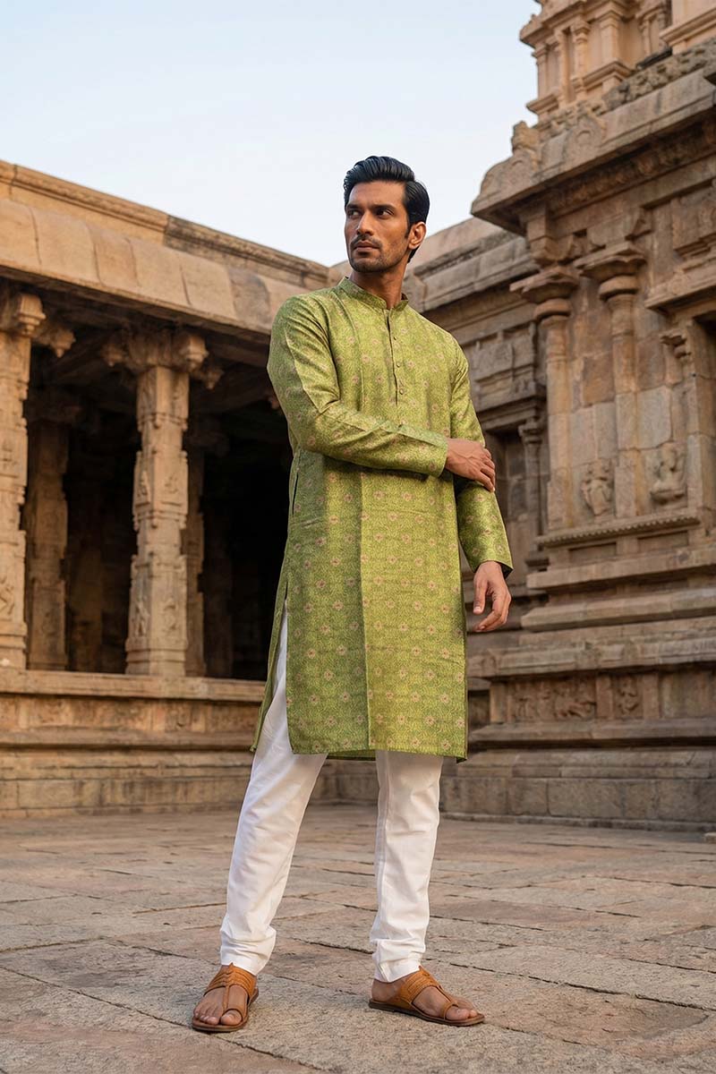 Green Silk Blend Printed Straight Kurta MKU1910