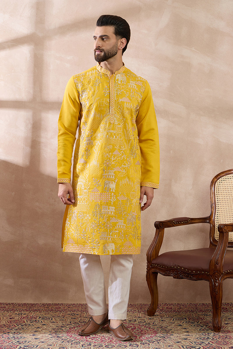 Yellow Silk Blend Embroidered Mandarin Collar Straight Kurta With Trouser MKSET2053