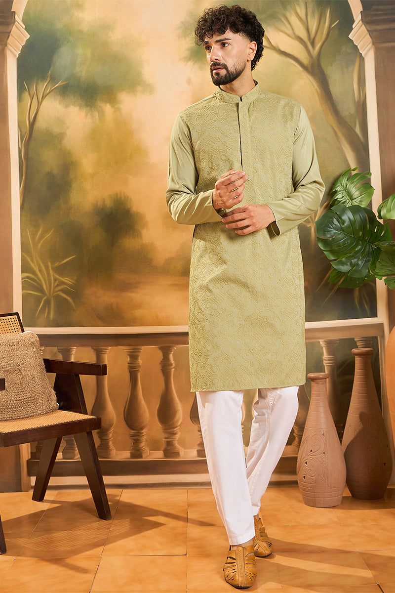 Green Silk Blend Solid Embroidered Straight Kurta MKU1497