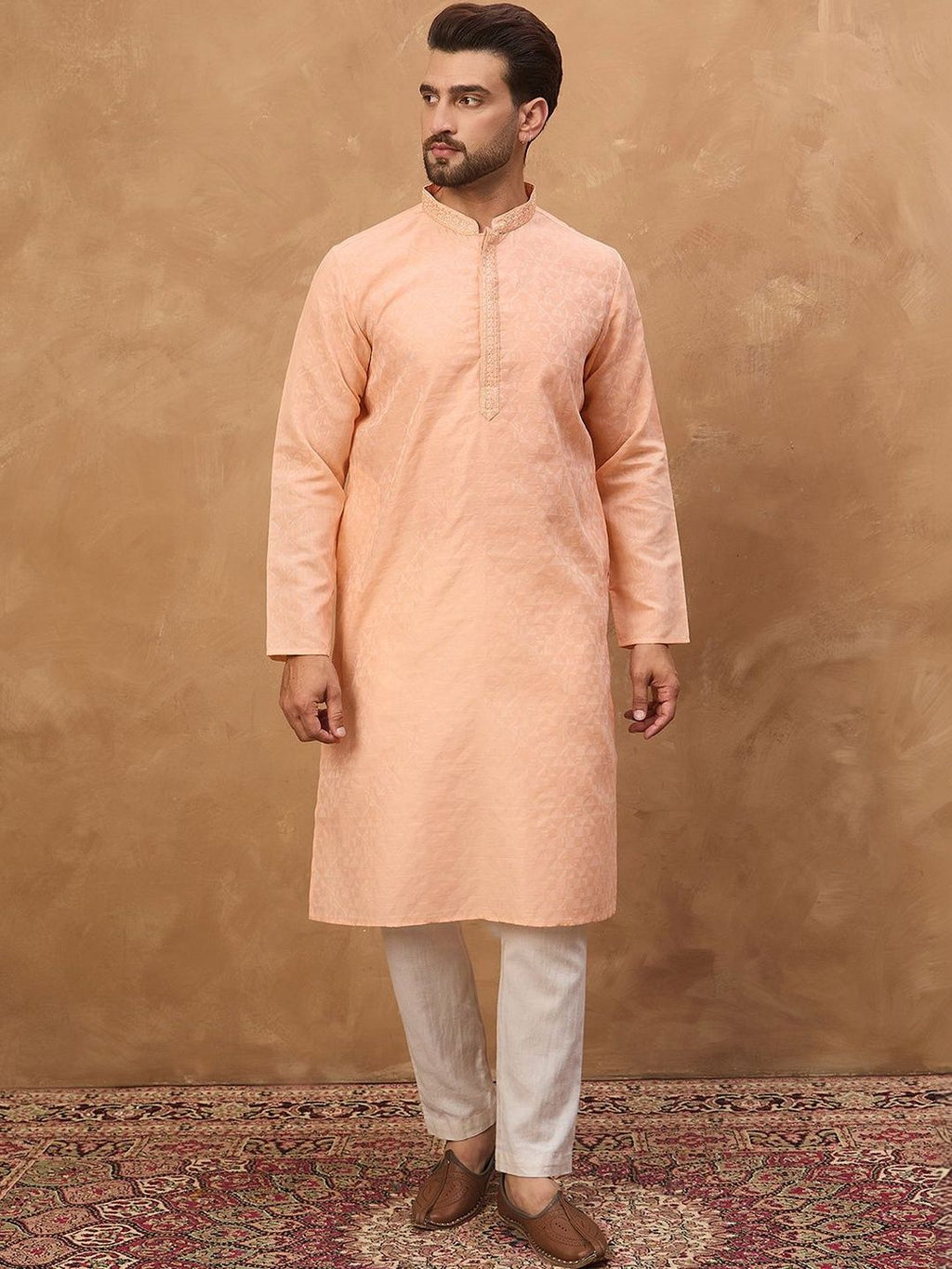 Men Peach Silk Blend Solid Embroidered Straight Kurta With Pant Set-MKSET1453