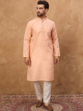 Men Peach Silk Blend Solid Embroidered Straight Kurta With Pant Set-MKSET1453