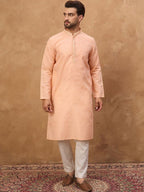 Men Peach Silk Blend Solid Embroidered Straight Kurta With Pant Set-MKSET1453