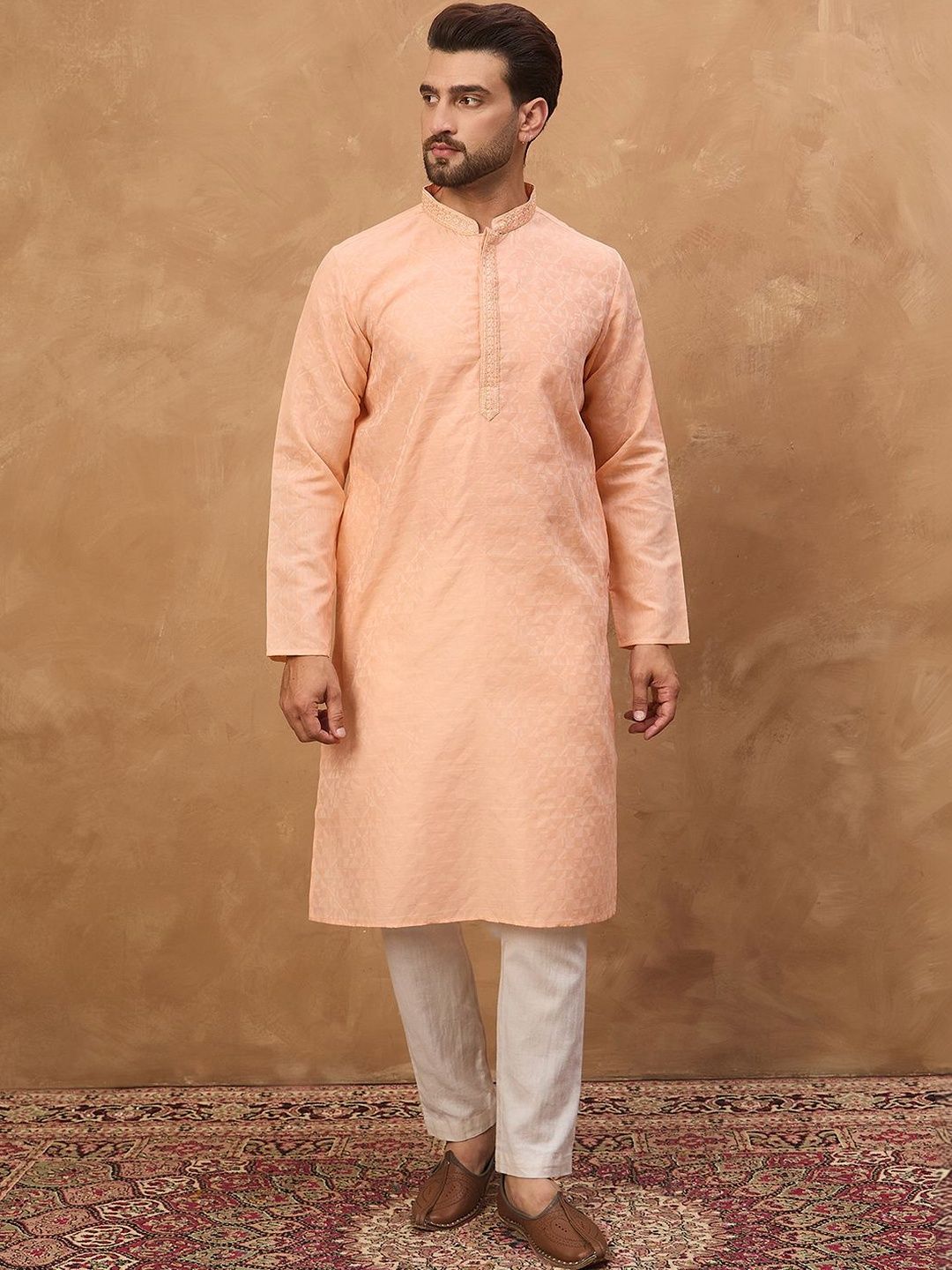 Men Peach Silk Blend Solid Embroidered Straight Kurta With Pant Set-MKSET1453