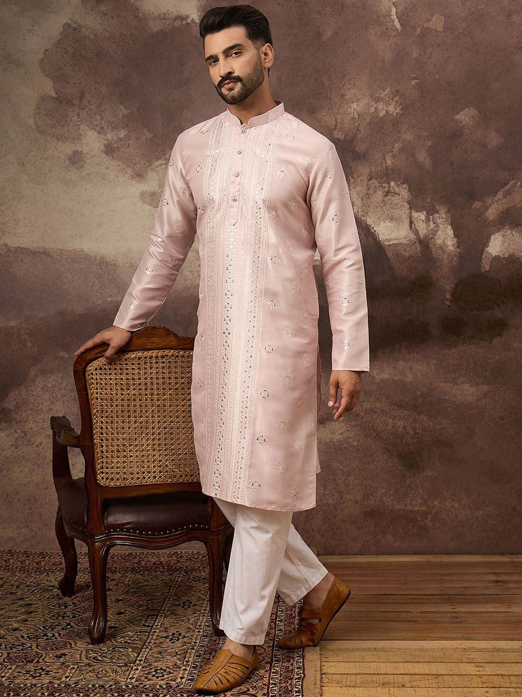Men Pink Silk Blend Solid Embroidered Straight Kurta With Pant Set-MKSET1362