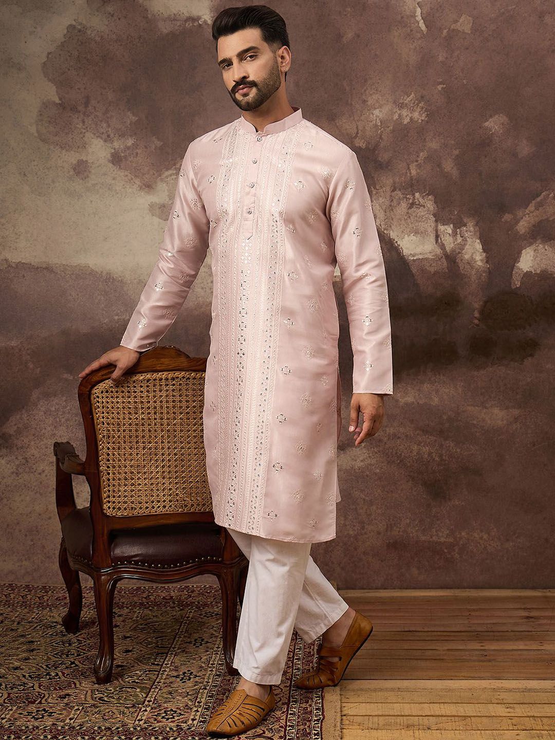 Men Pink Silk Blend Solid Embroidered Straight Kurta With Pant Set-MKSET1362