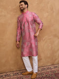 Men Pink Silk Blend Geometric Printed Straight Kurta With Pant Set-MKSET1526