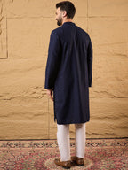 Men Blue Viscose Rayon Solid Embroidered Straight Kurta With Pant Set-MKSET1187