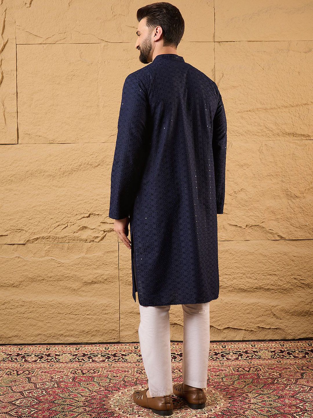 Men Blue Viscose Rayon Solid Embroidered Straight Kurta With Pant Set-MKSET1187