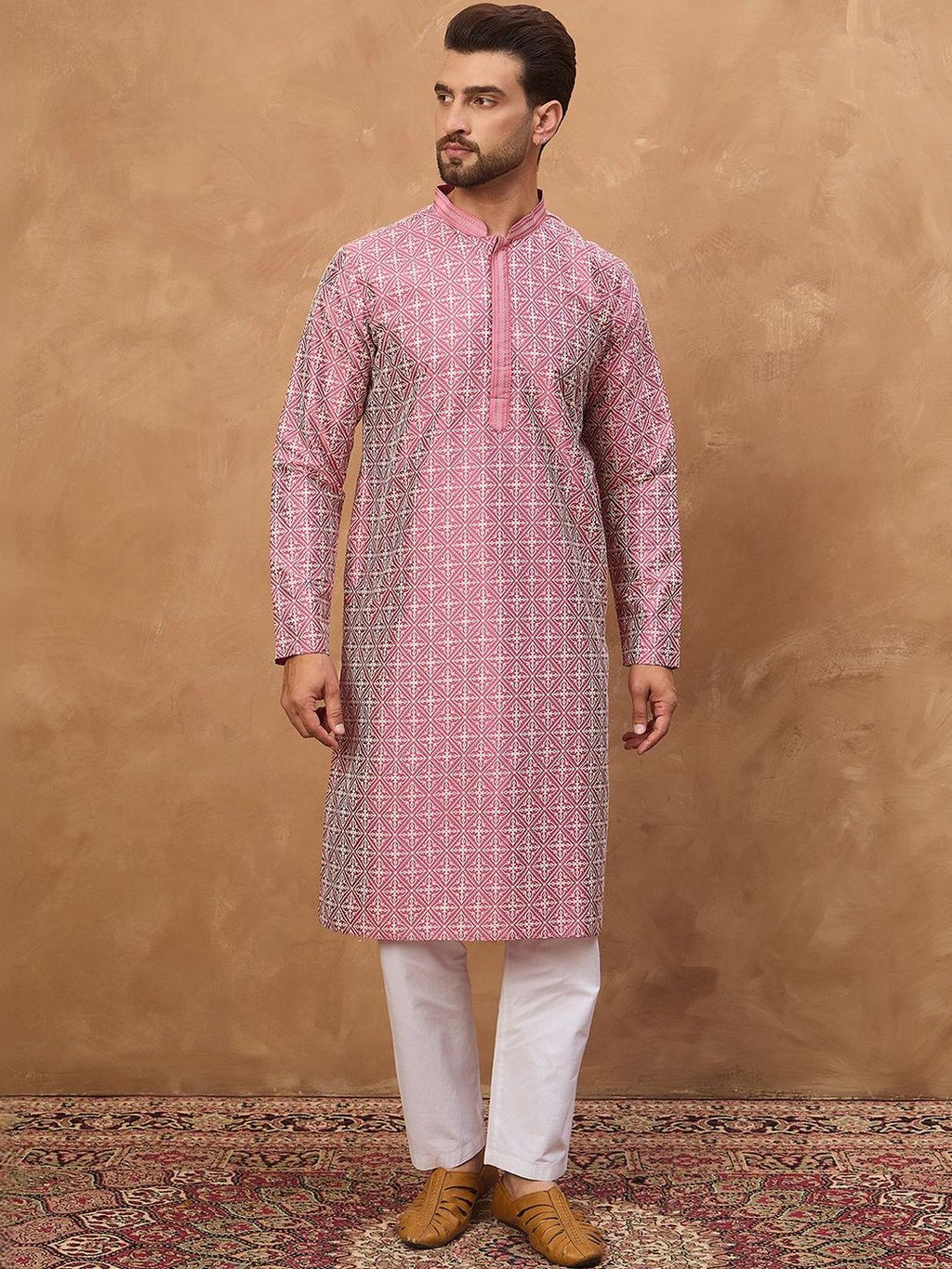 Men Pink Silk Blend Ethnic Motifs Printed Straight Kurta With Pant Set-MKSET1525
