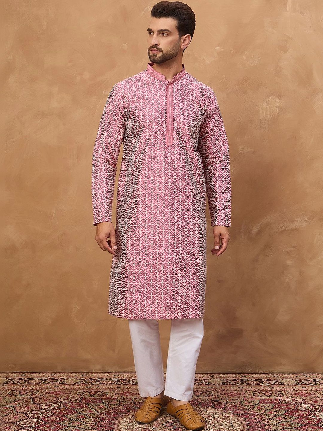 Men Pink Silk Blend Ethnic Motifs Printed Straight Kurta With Pant Set-MKSET1525