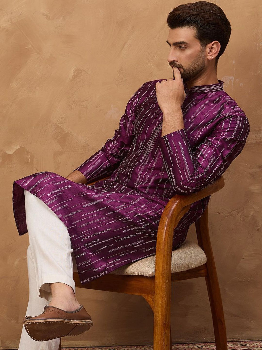 Men Purple Silk Blend Geometric Printed Straight Kurta With Pant Set-MKSET1518