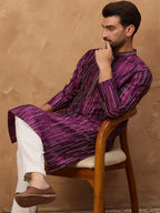 Men Purple Silk Blend Geometric Printed Straight Kurta With Pant Set-MKSET1518