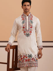 Floral Embroidered Silk Blend Kurta (65KO 5356 White ) [FF] [B-9]
