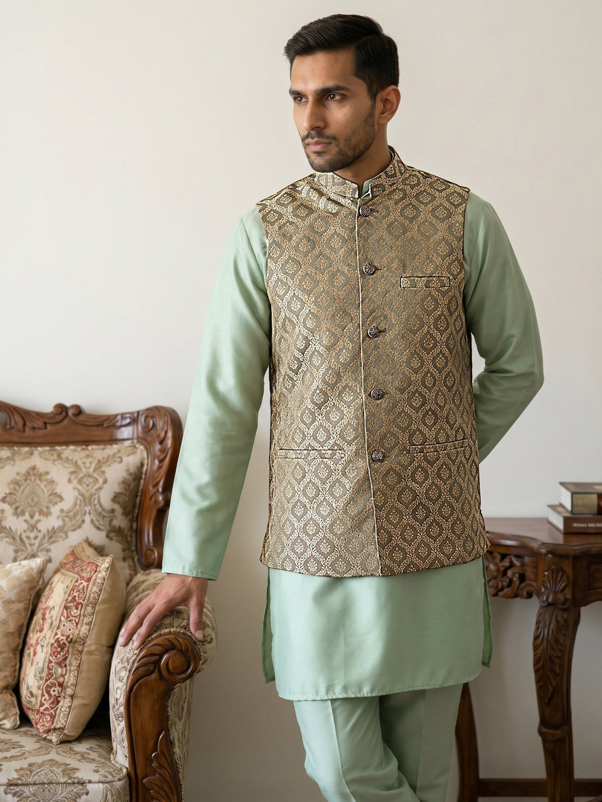 Men's Woven Design Silk Blend Nehru Jacket with Kurta Pyjama ( 65KPWC 5586Pi 4157Green )